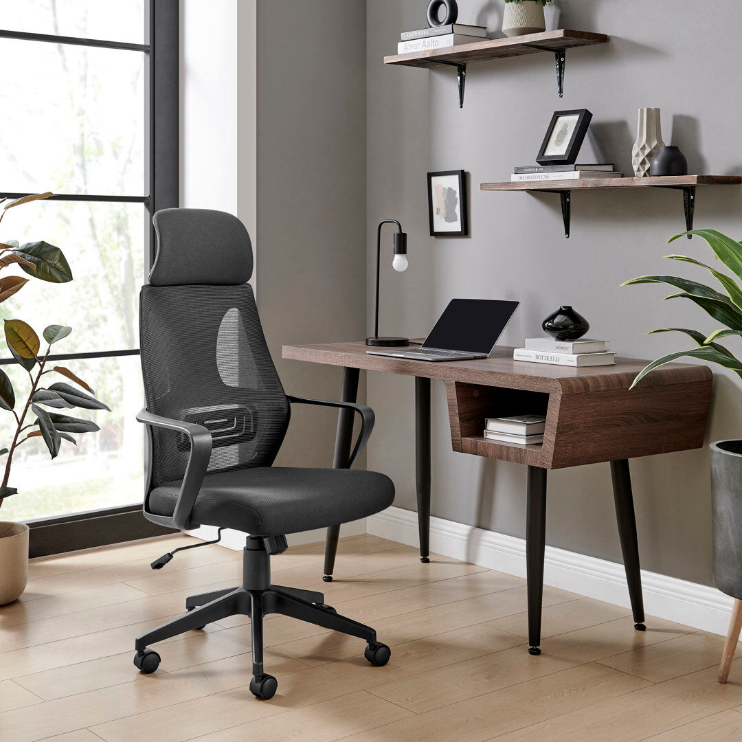 Inbox Zero Jenkin Luxury Mesh & Fabric Home Office Chair - Tall Backed Ergonomic Design Height & Tilt Adjustable Black 124.5cm H X 62cm W X 61cm D