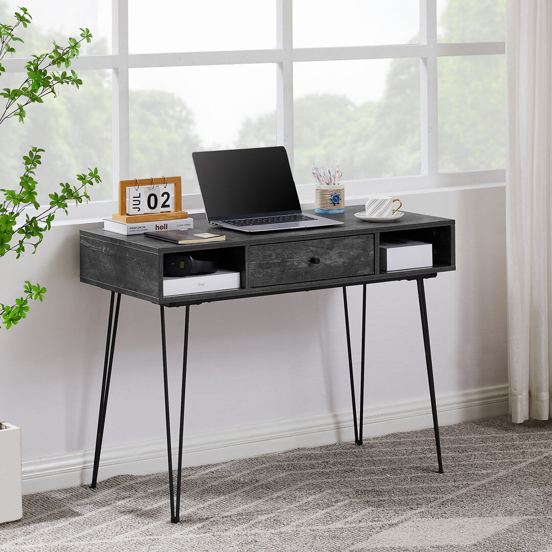 Borough Wharf Modern Home Office Table with Drawers, Computer Desk with Open Storage Cubby, Writing Study Desk with Metal Legs for Home Office Grey 76cm H X 100cm W X 48cm D