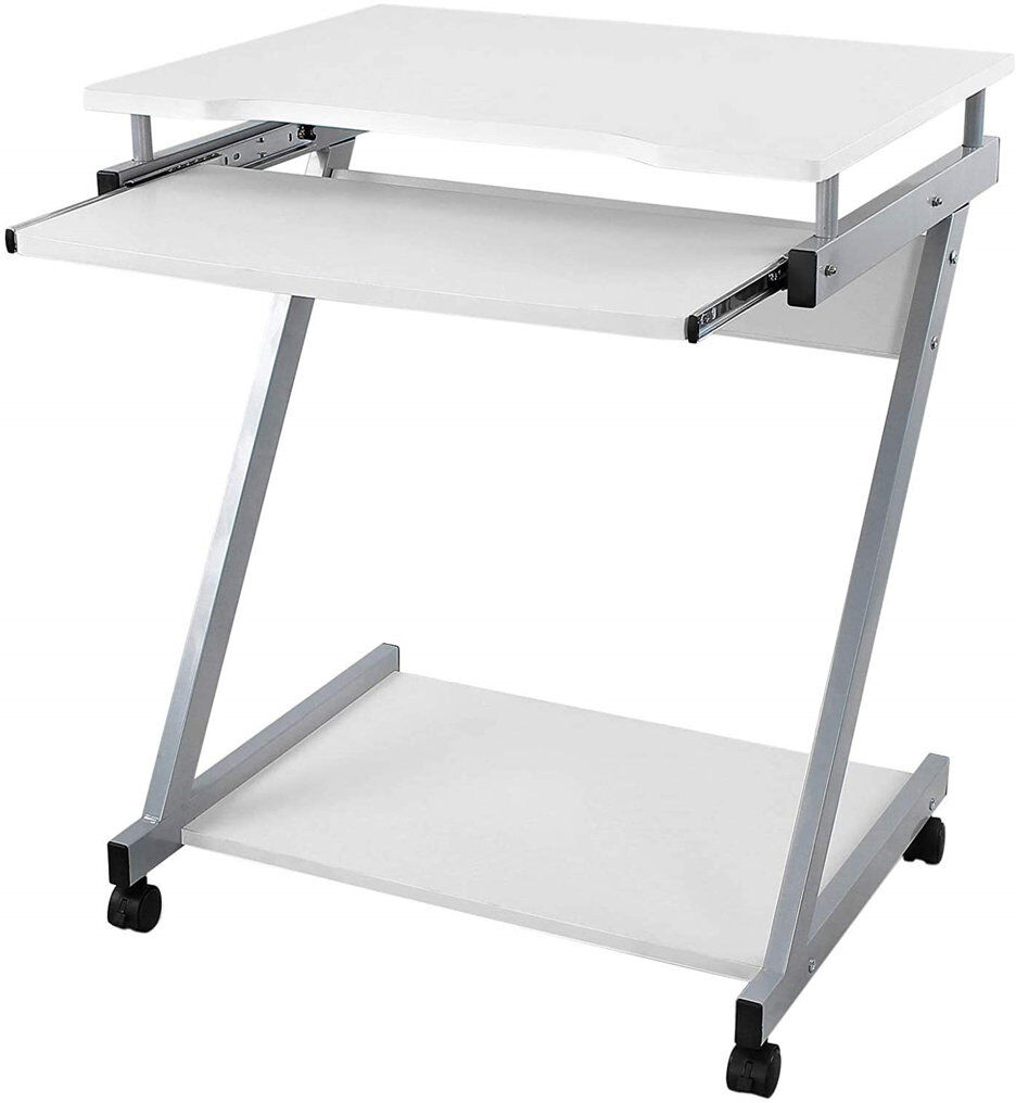 Latitude Run Computer Desk Mobile, Writing Desk Z-Shaped, PC Table For Small Spaces, Workstation Whit Sliding Keyboard 4 Wheels, Easy Assembly, For Home Office Bla White 60cm W X 48cm D