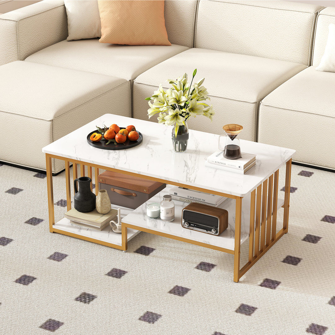 17 Stories Faux Marble Coffee Table Rectangular 2-Tier Center Table W/ Shelf-White White 45cm H X 110cm W X 60cm D