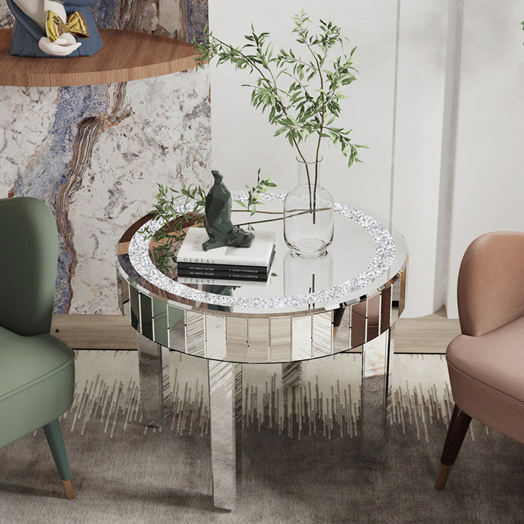 Ivy Bronx 60cm Round Mirrored Coffee Table Glitz Sparkle Diamond Sofa Side Table with Crushed Crystal Inlay Silver 50cm H X 60cm W X 60cm D