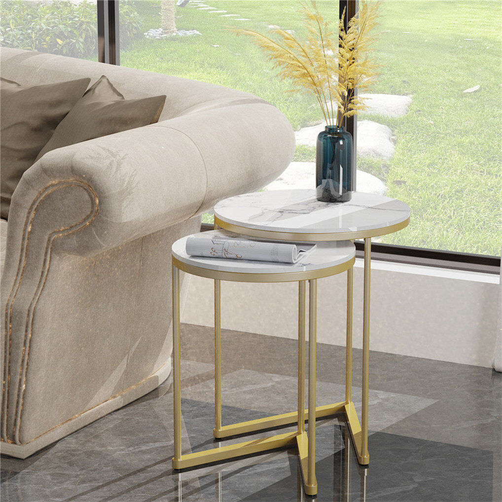 Canora Grey 2 Piece Marble Nest Of Coffee Tables Round Top End Table Sofa Side Table Set White 55cm H X 45cm W X 114.3cm D