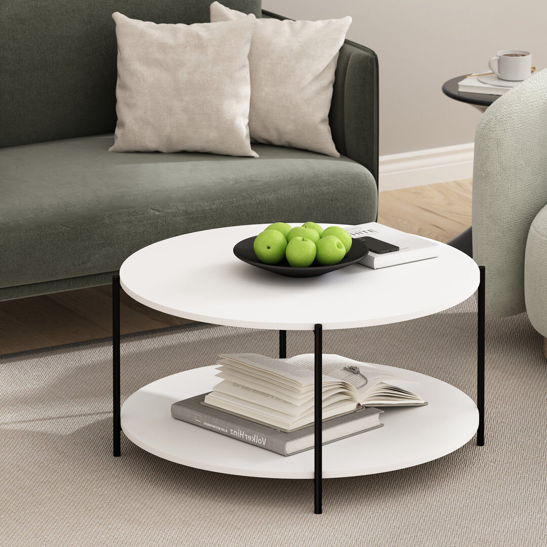 Metro Furinno Besi 2-Tier Modern Round Coffee Table Table with Sturdy Metal Legs White/Americano 42.16cm H X 82.3cm W X 82.3cm D