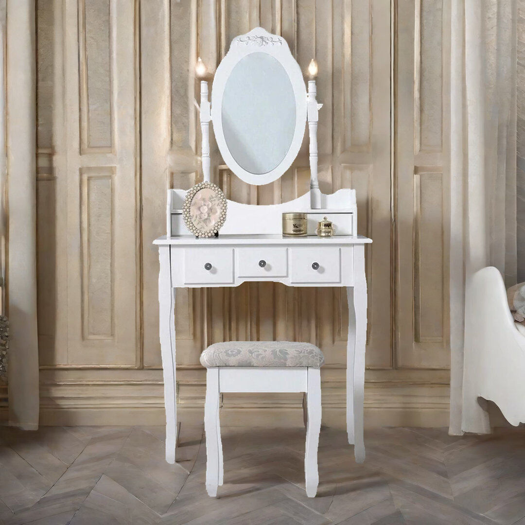 Borough Wharf Darmstadt Dressing Table with Mirror & Stool Bedroom Dresser White Makeup Desk Bedroom Furniture White 145cm H X 75cm W X 40cm D