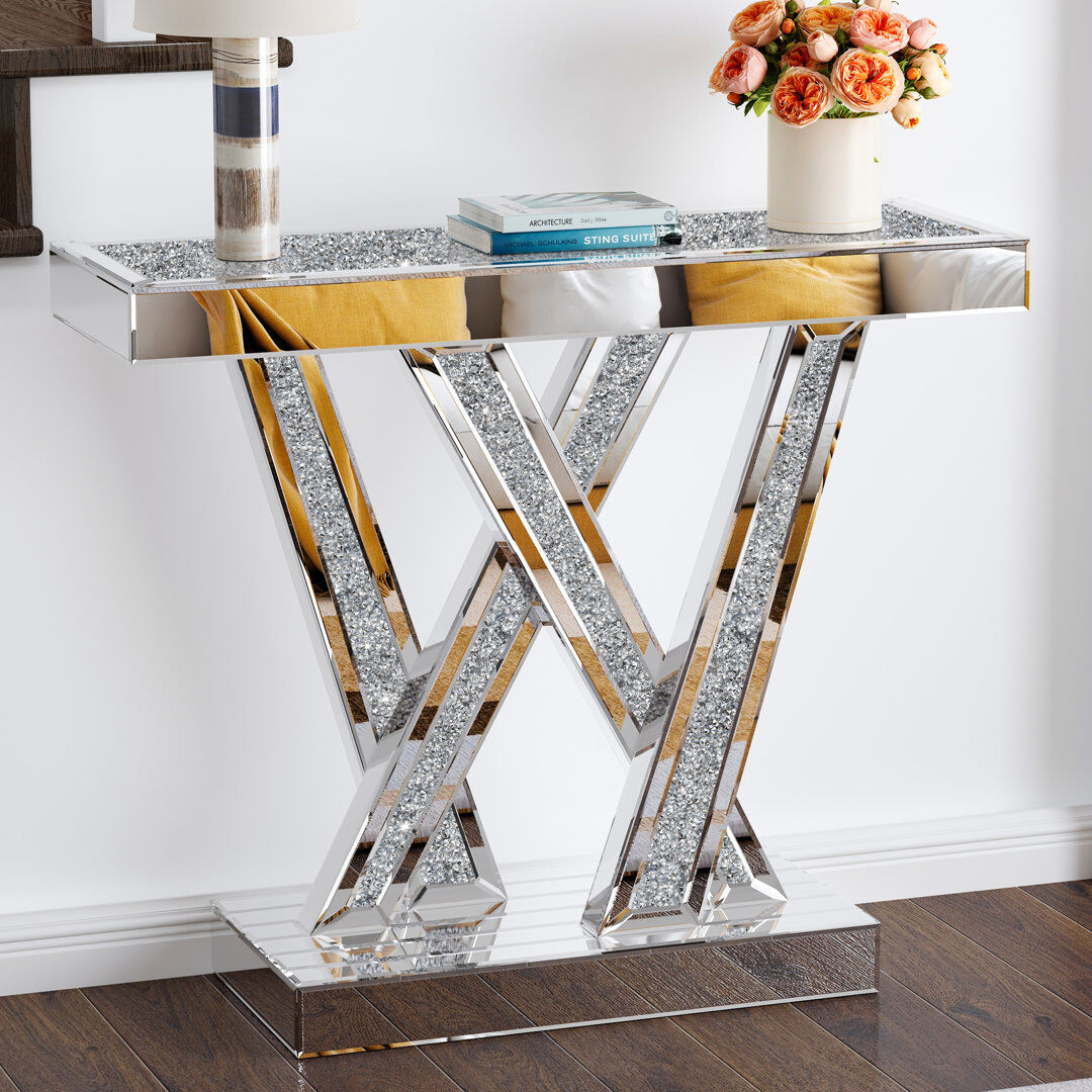 Canora Grey Andreja 90cm Mirrored Glass Console Table Sofa Entryway Table Crushed Diamond Home Decor Silver 75cm H X 90cm W X 30cm D
