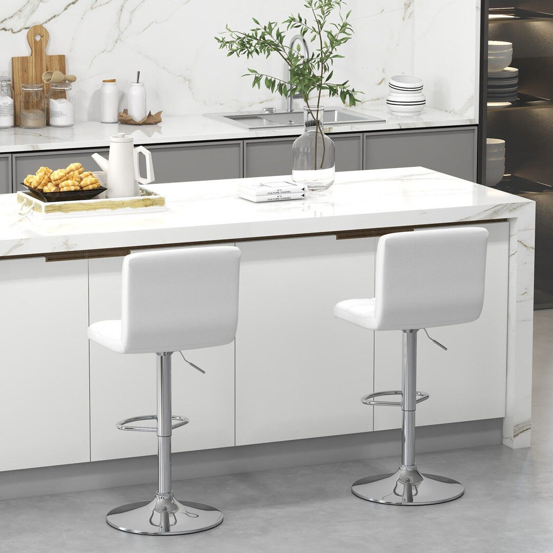 Latitude Run Set Of 2 Bar Stool PU Leather Armless Dining Chairs 360 Swivel & Height Adjustable Seat White 50cm W X 43cm D