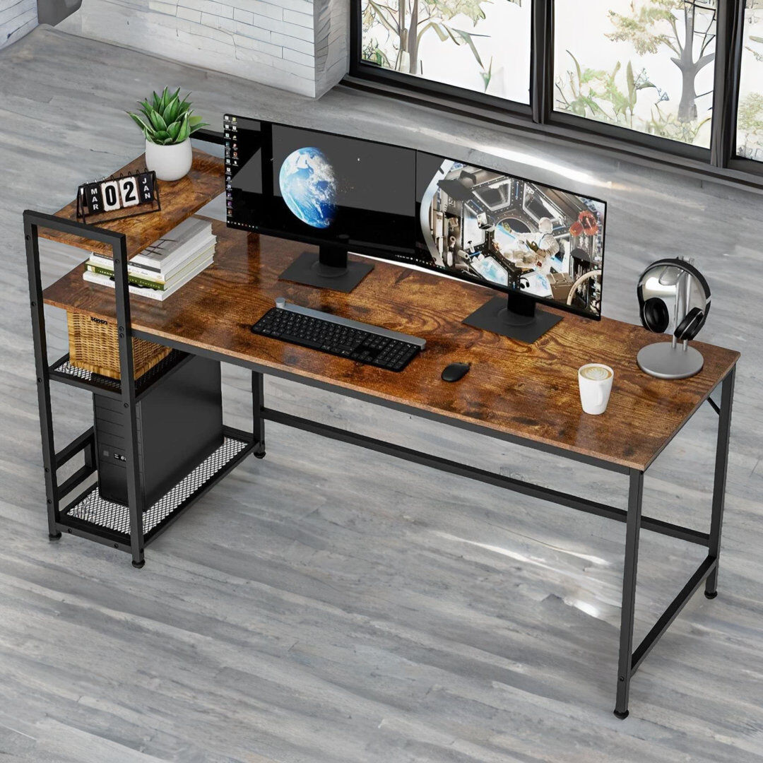 Borough Wharf Haeli 140cm W Rectangle Writing Computer Desk Industrial Rustic Brown Home Office Furniture Black;Rustic Brown;Rustic Brown 75cm H X 140cm W X 60cm D