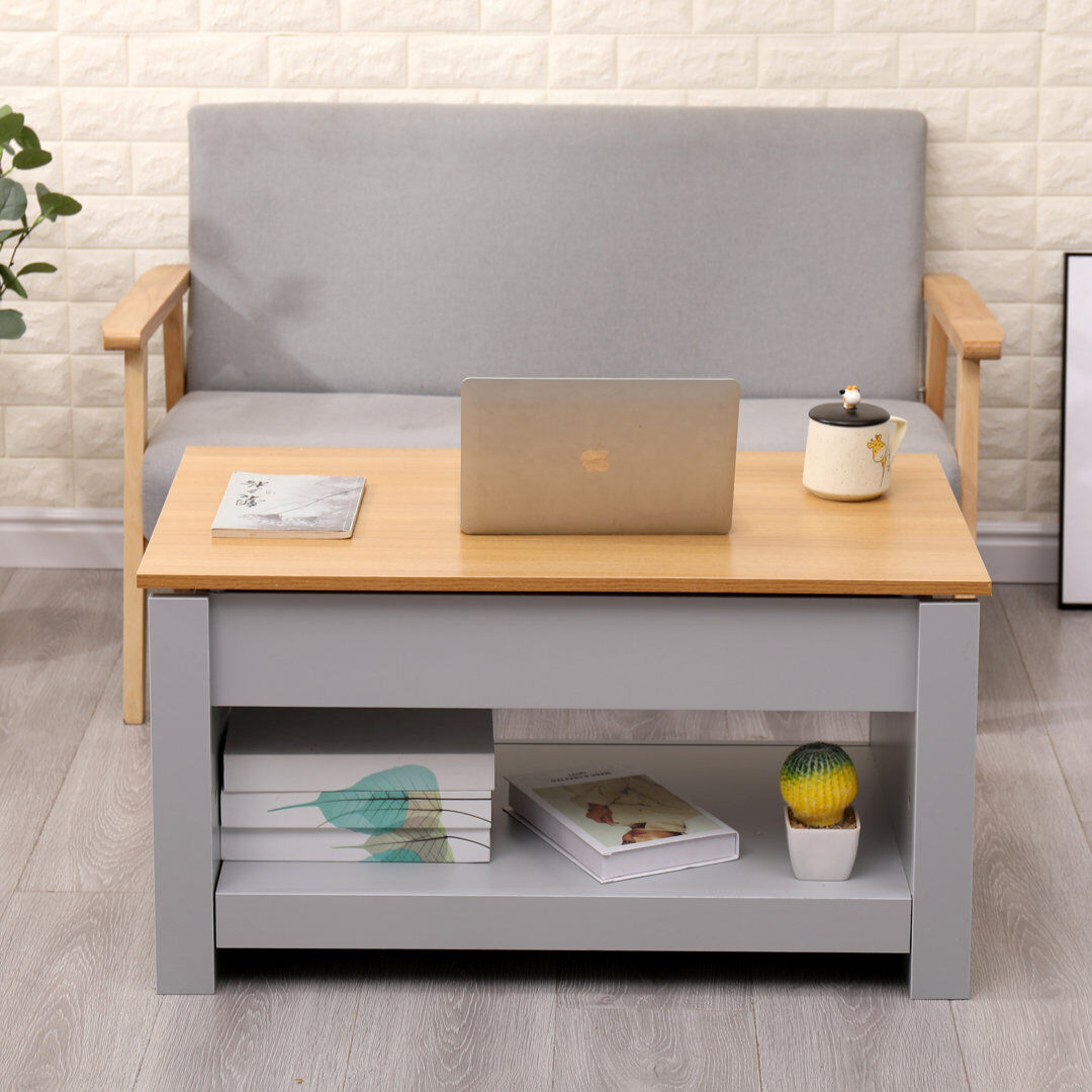 Levi Beer Modern Lift Top Up Coffee/Tea/Sofa Table With Blttom Storage Shelf Living Room Furniture Grey 45cm H X 85cm W X 50cm D