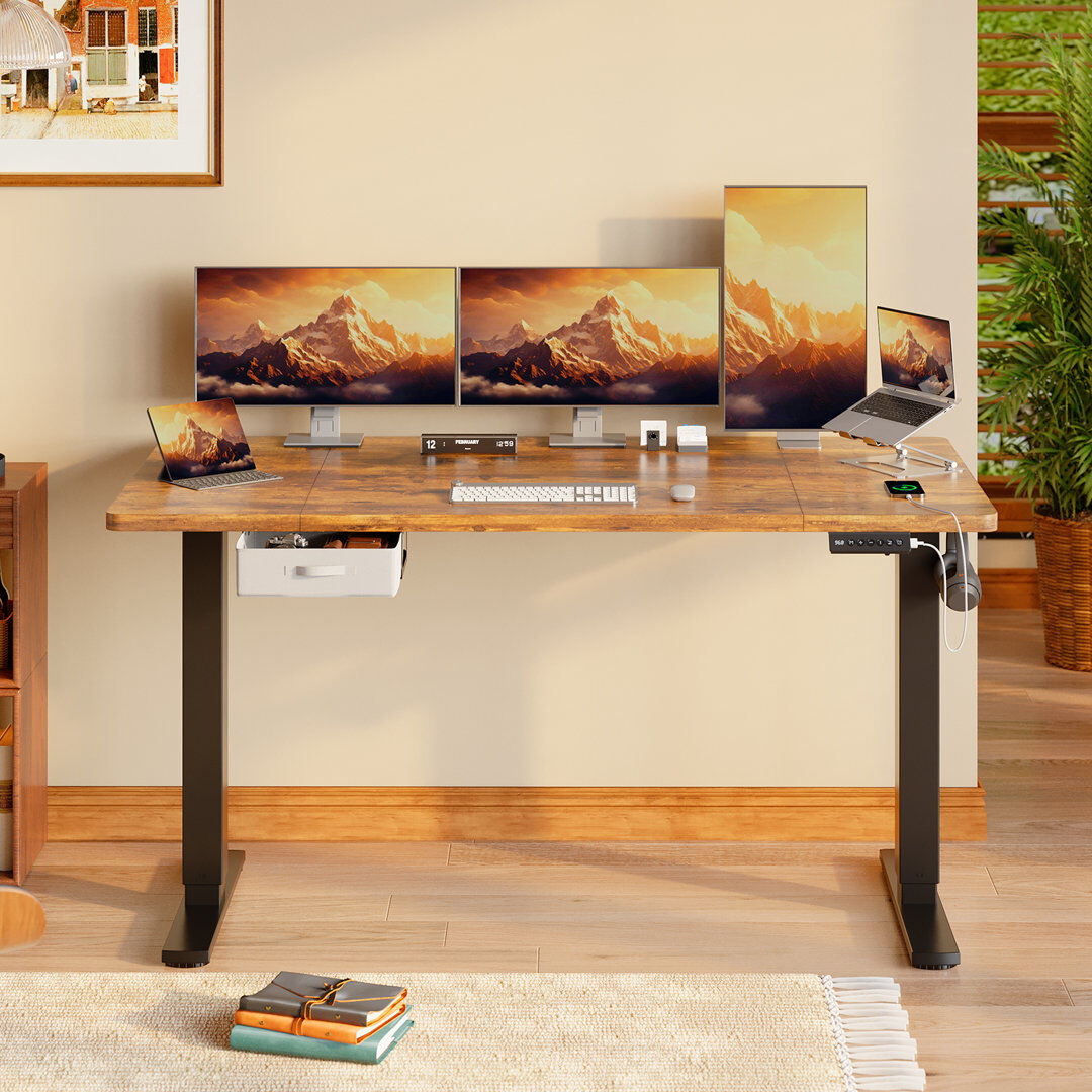 Inbox Zero Electric Standing Desk Wide Desktop Height Adjustable Standing Desk With Drawer&Hooks Brown/Black 118" H x 140" W x 80" D