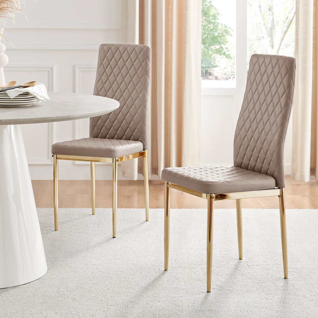 Canora Grey Eubanks Faux Leather Modern Tall Back Dining Chairs Set with Metal Legs & Diamond Stitching Cappuccino/Gold 96cm H X 39cm W X 51cm D