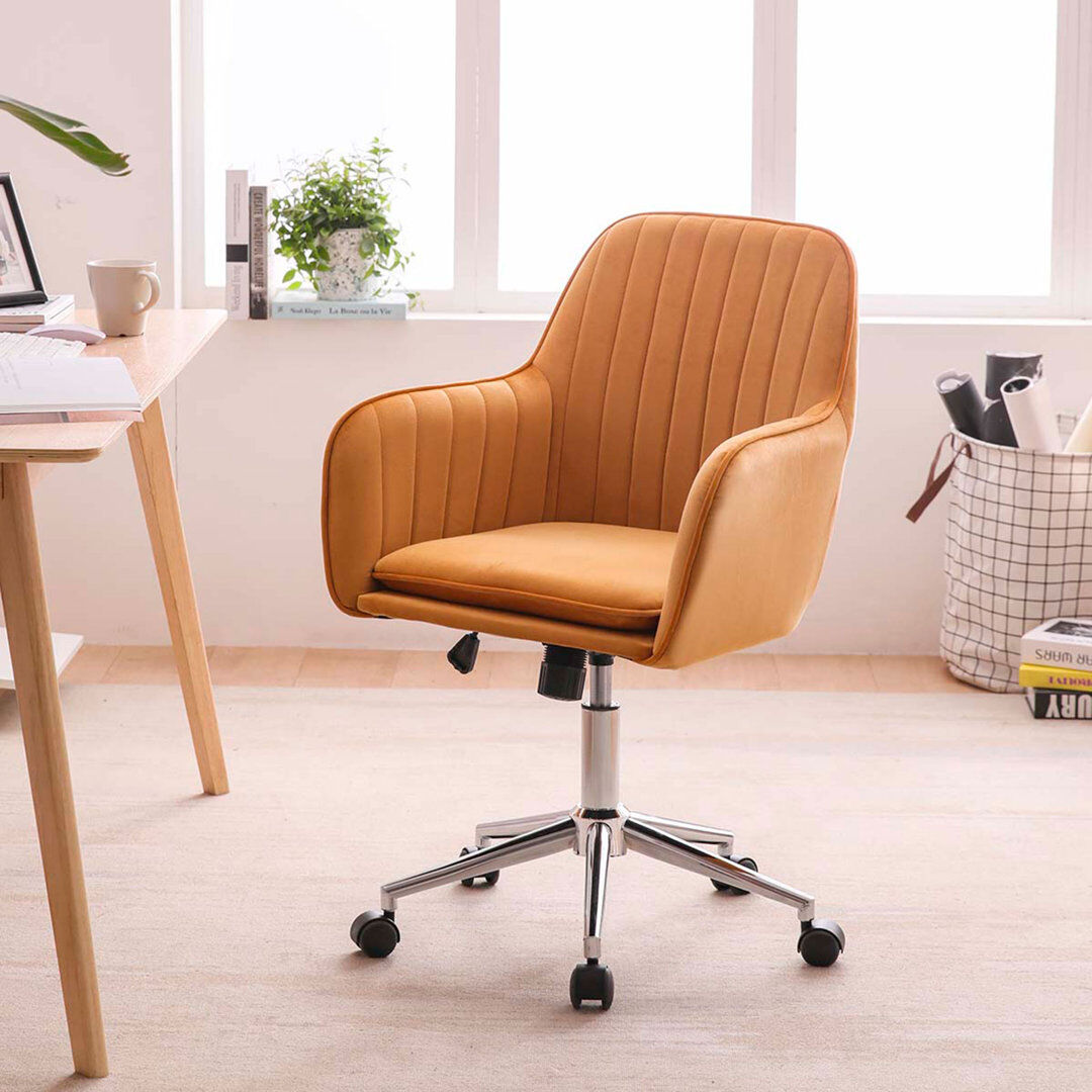 17 Stories Office Chair, Adjustable Rolling Leisure Accent Chair With Ergonomic Arms & Backrest, Upholstered Mid-back Computer Desk Chair For Home Office Living Yellow 62cm W X 62cm D