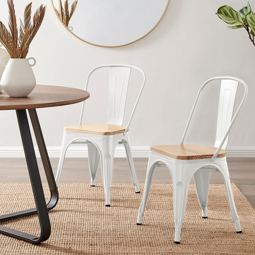 Borough Wharf Honora Industrial Classic Metal Frame Wood Seat Dining Chair - Style Bold Colour Stackable Side Chair White 84cm H X 45cm W X 51cm D