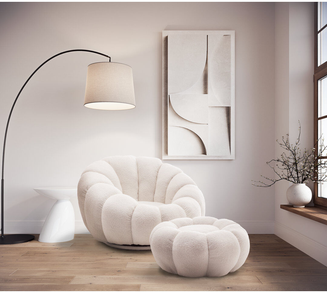 Fairmont Park Perse Teddy Boucle Swivel Accent Chair with Footstool White 61cm H X 94cm W X 97cm D