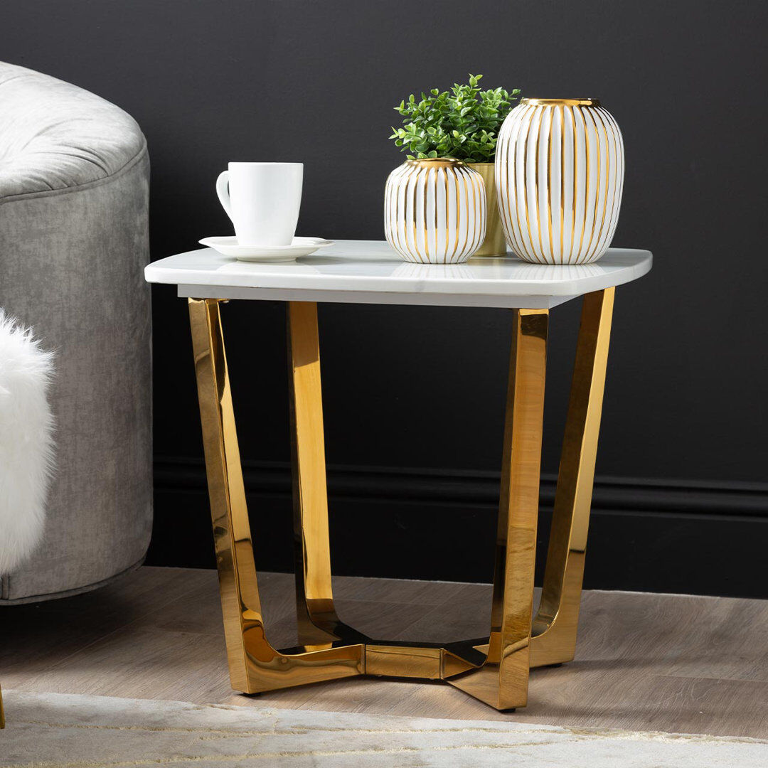 Canora Grey Azarius 55cm Metal End Table for Living Room Furniture, Modern Sofa Side Table with Marble Top White/Gold 55cm H X 60cm W X 60cm D
