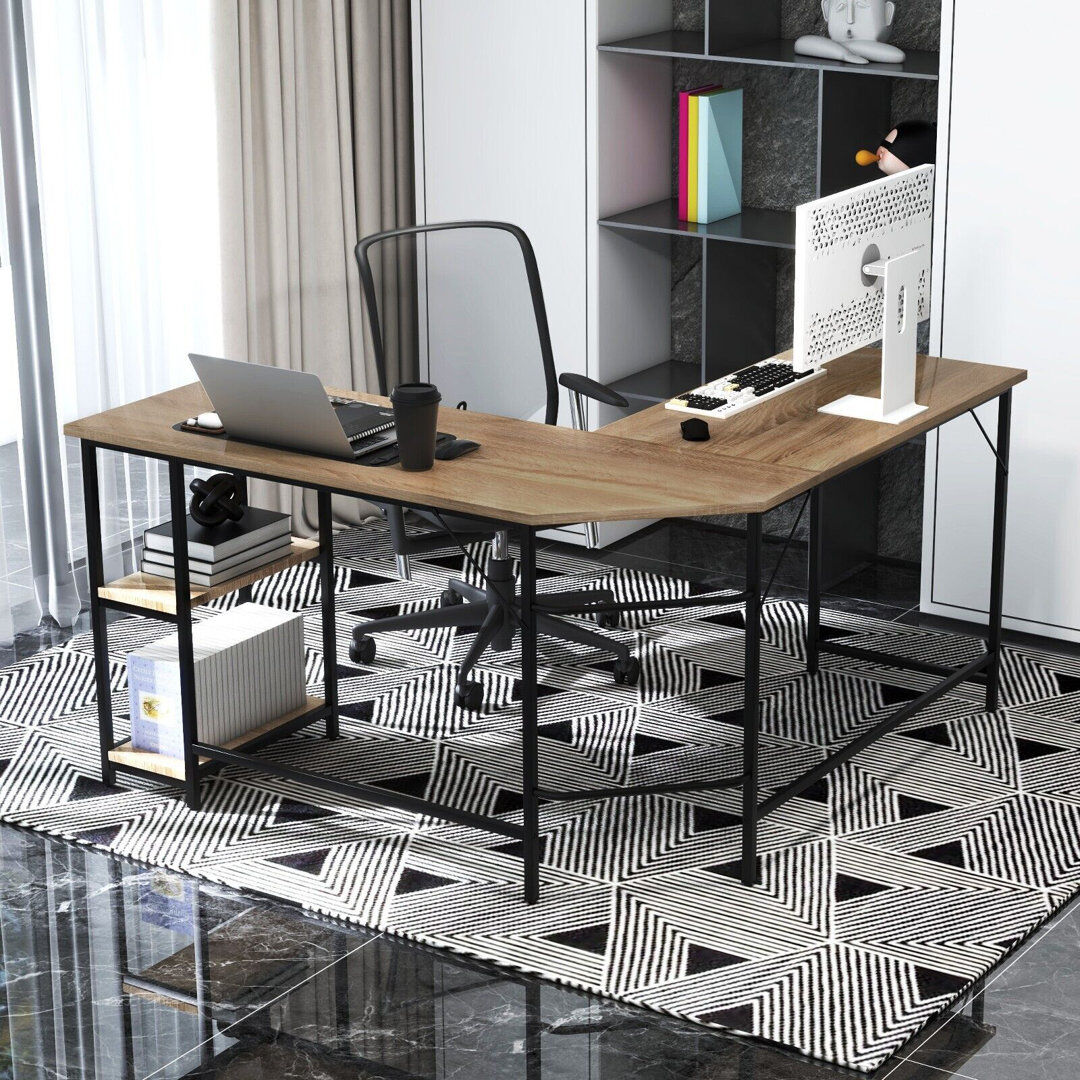 Borough Wharf L-Shaped Computer Desk Corner Computer Gaming Desk W/2-Tier Shelves Beige 29.53cm H X 138cm W X 19.69cm D