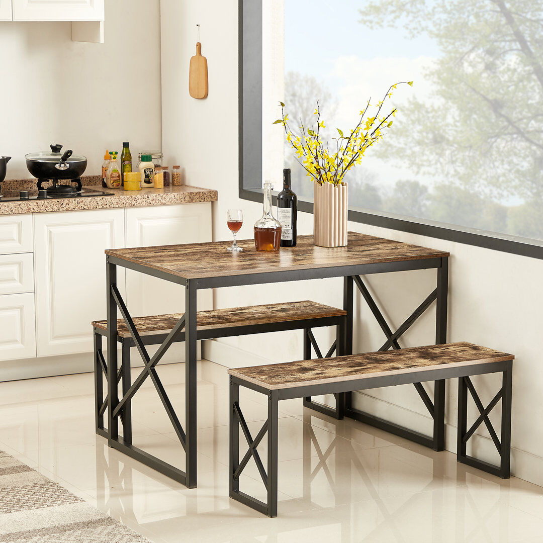 Borough Wharf 3-Pieces Dining Table Set, Rectangle Dinette With 2 Benches, Metal Frame For Dining Room, Living Room Brown 4