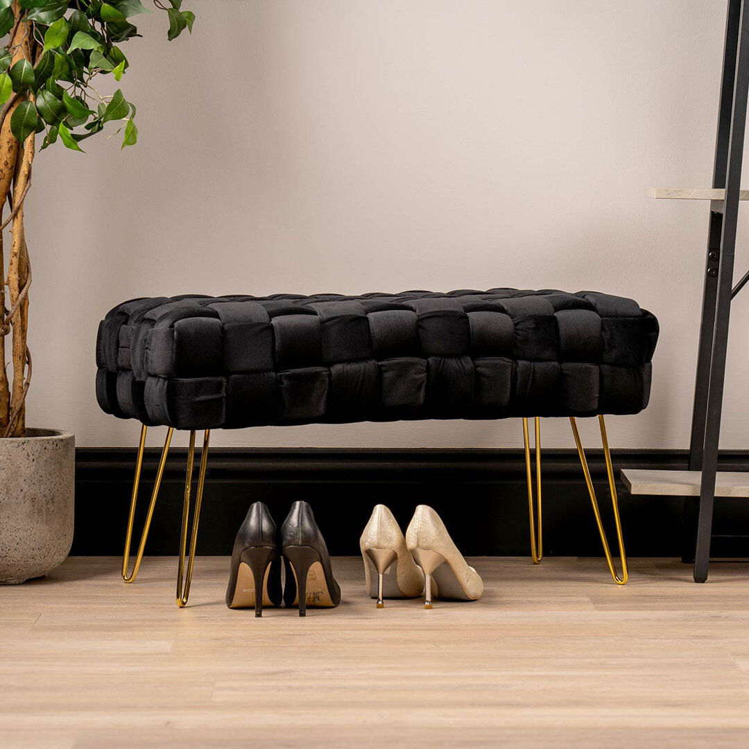 Fairmont Park Abitha Upholstered Velvet Woven Bench for Bedroom Furniture, Modern Accent Bench with Iron Metal Legs Black 45cm H X 76cm W X 37cm D