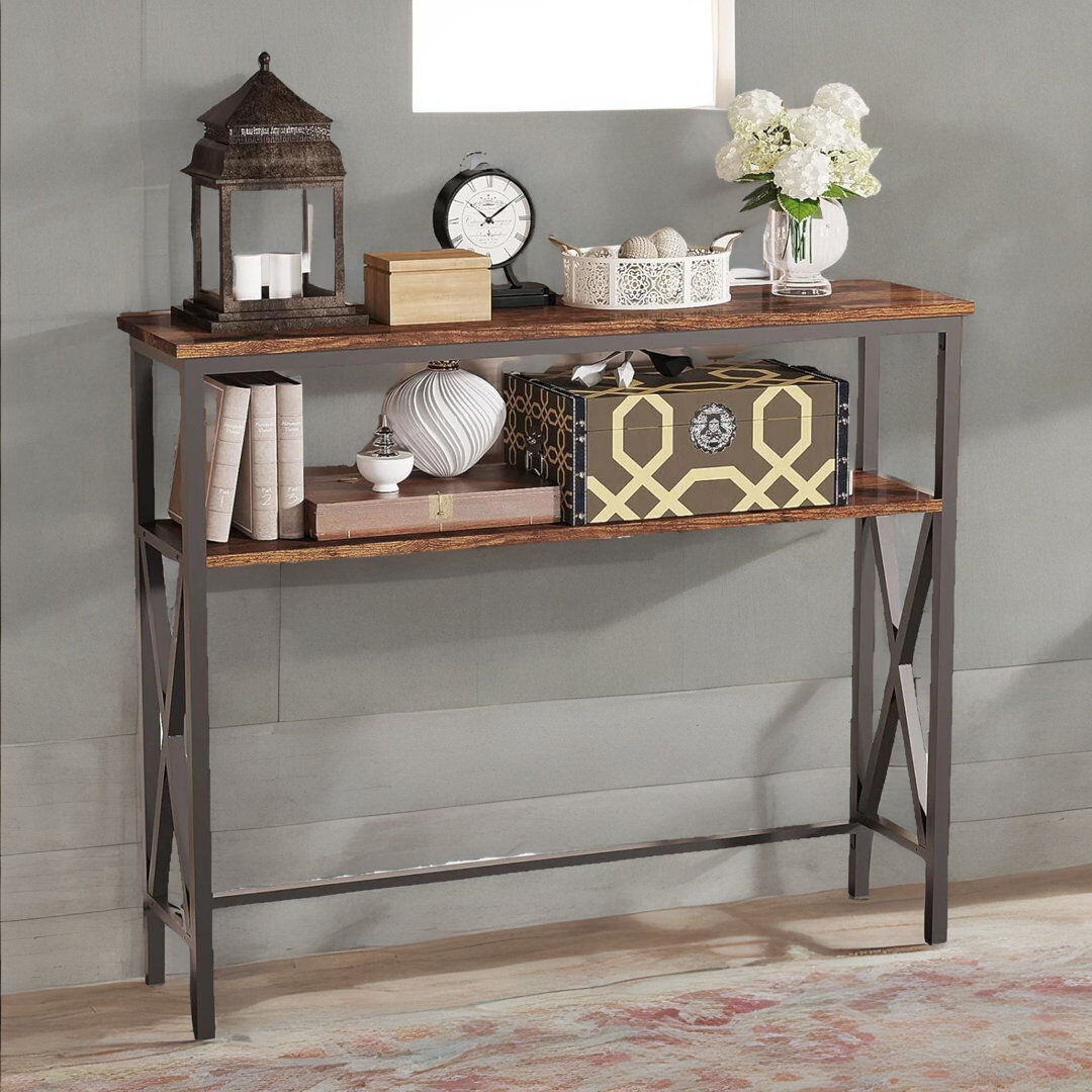 Borough Wharf Bazartete 101cm 2 Tier Console Table Industrial Rustic Brown Hallway Entryway Furniture Rustic Brown 80.5cm H X 100.99cm W X 25cm D