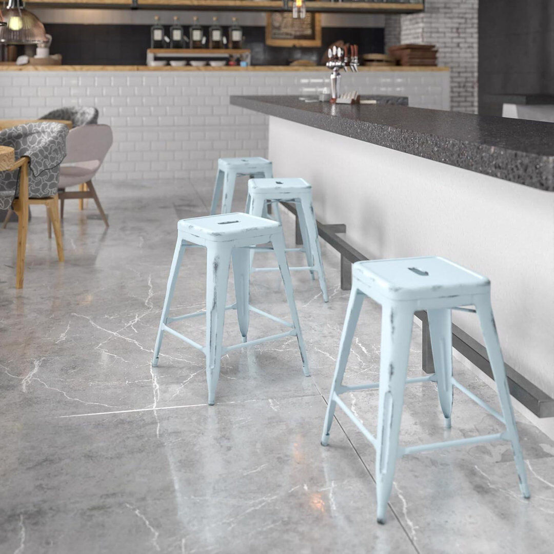 Borough Wharf Angelinamarie 24" Industrial Style Bar Stool - Set of 4 - Modern Metal Counter Height Teal 61cm H X 40.64cm W X 40.64cm D