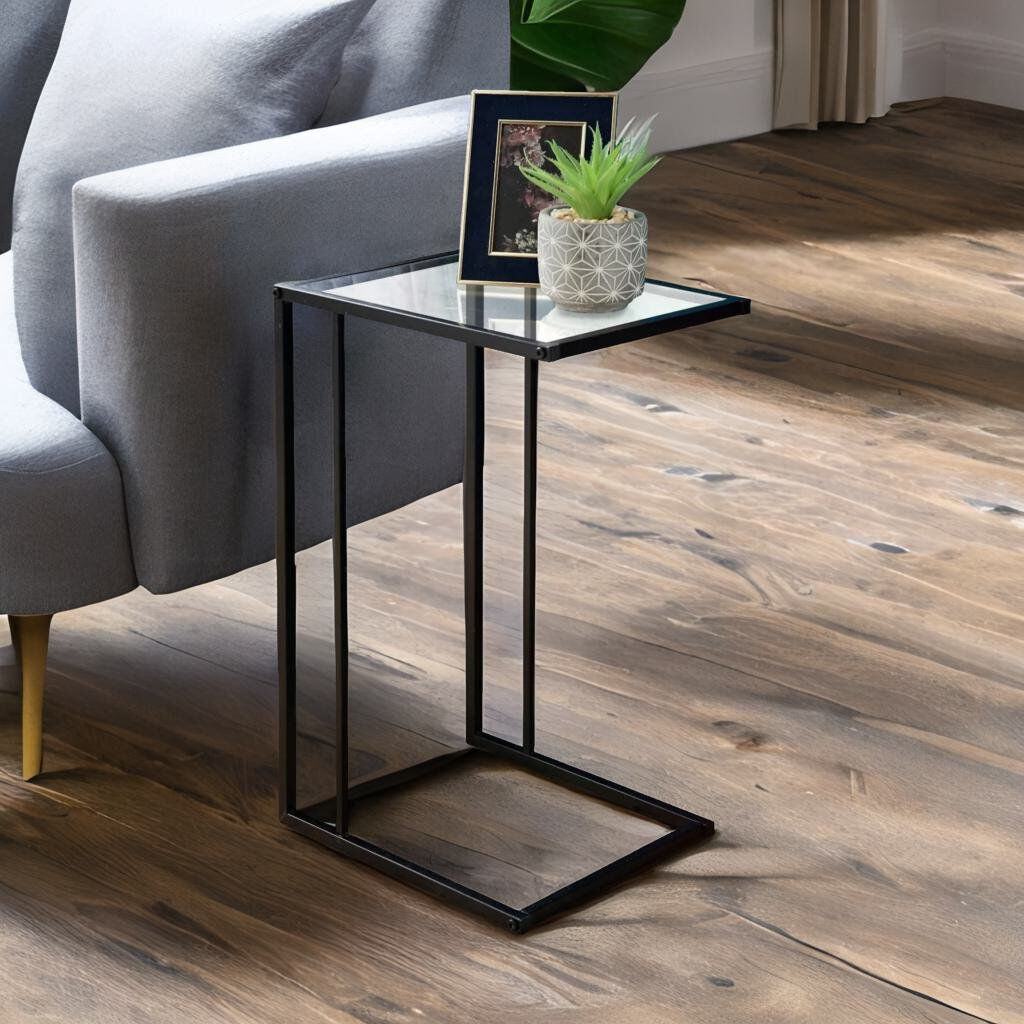 Metro Camaree Glass C Shaped Metal Side Table End Table Living Room Furniture Accent Sofa Table Black 59cm H X 40cm W X 40cm D