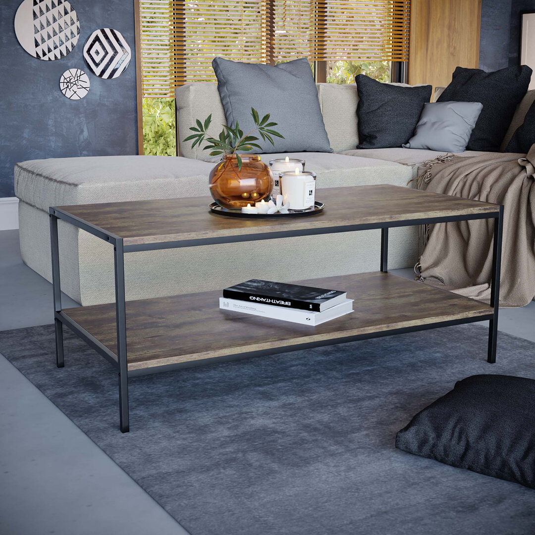 Borough Wharf Sylvie Industrial Style Rustic Coffee Table with Metal Legs and Storage, Living Room Furniture Dark Wood 40cm H X 100cm W X 50cm D