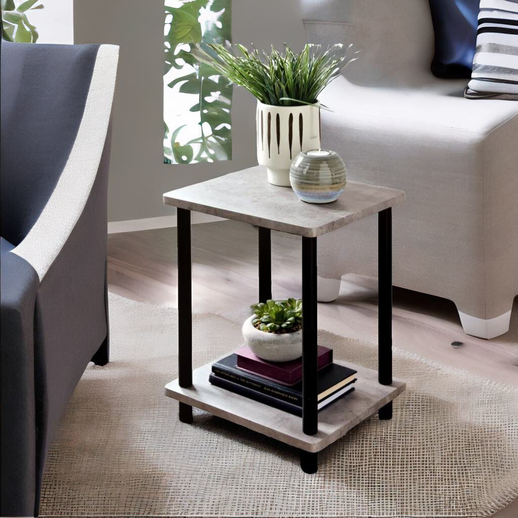 Borough Wharf Abdulwahab 2 Tier Side Table with Storage Shelves Living Room Furniture Grey/Black 41cm H X 34cm W