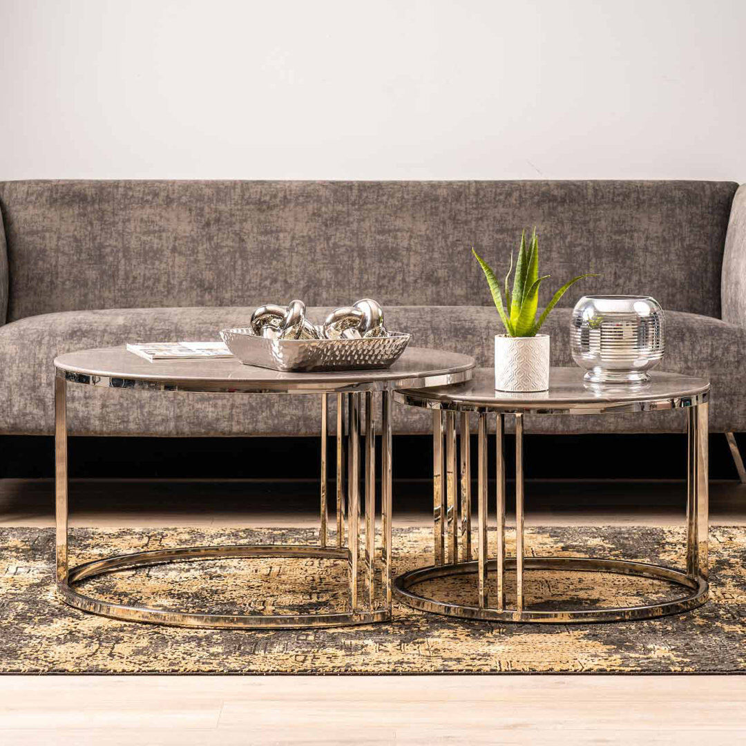 Canora Grey Axtin Metal Round Nesting Coffee Table For Living Room Furniture, Grey Marble Glass Top Centre Table Grey 45cm H X 80cm W X 80cm D
