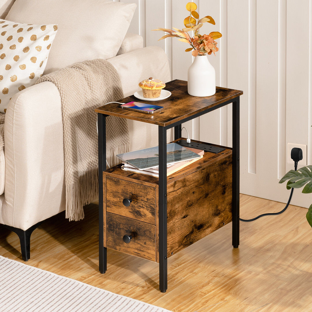 Borough Wharf Annamae Narrow Charging Station Side Table Rustic Brown 61.5cm H X 30cm W X 48cm D