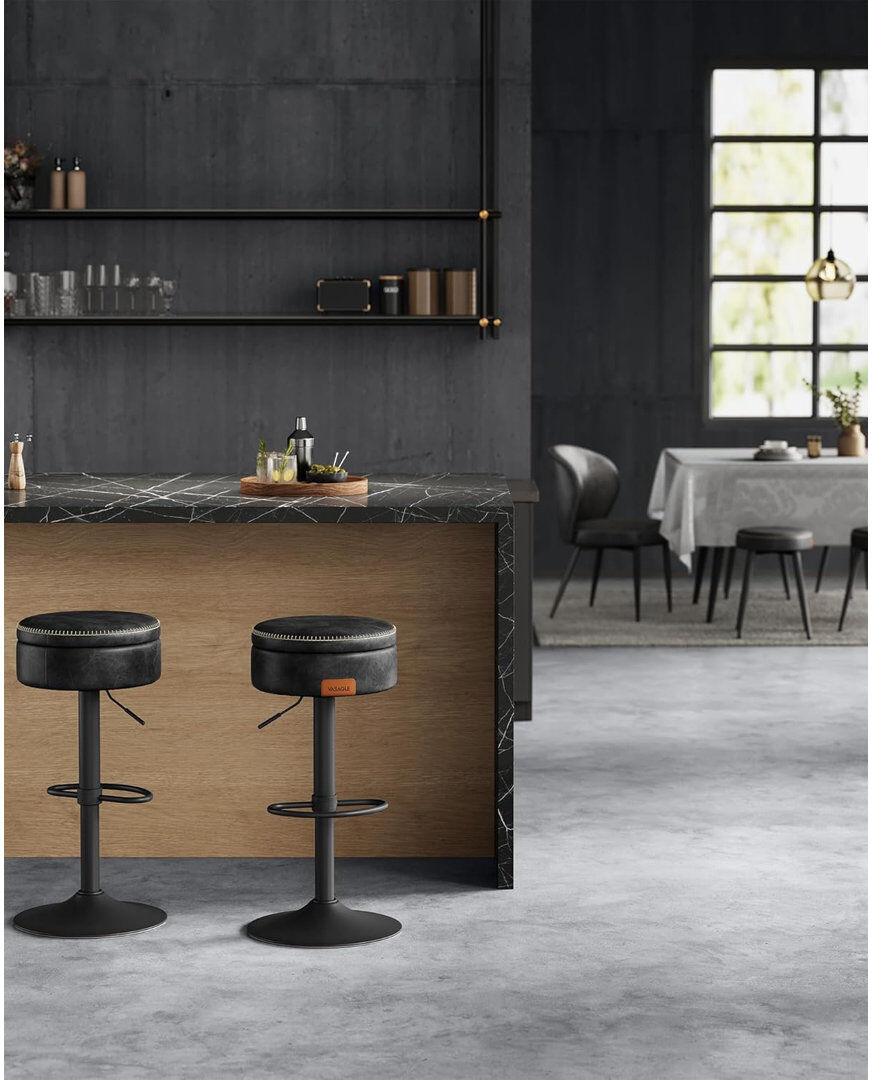 Vasagle Collection - 360° Swivel Bar Stool, Height Adjustable Barstool With Storage, Synthetic Leather With Stitching, Mid-Century Modern, Kitchen Bar, Easy A Black 41cm W X 41cm D