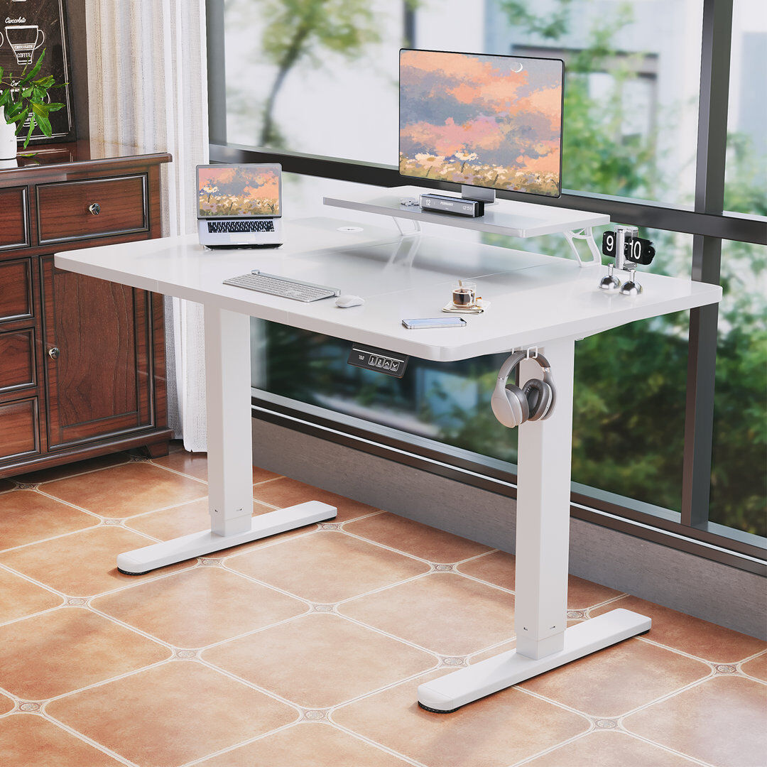 Inbox Zero T-Shape Electric Standing Desk With Monitor Stand Memory Smart Pannel Home Office Desk White/White 140 W x 60 D