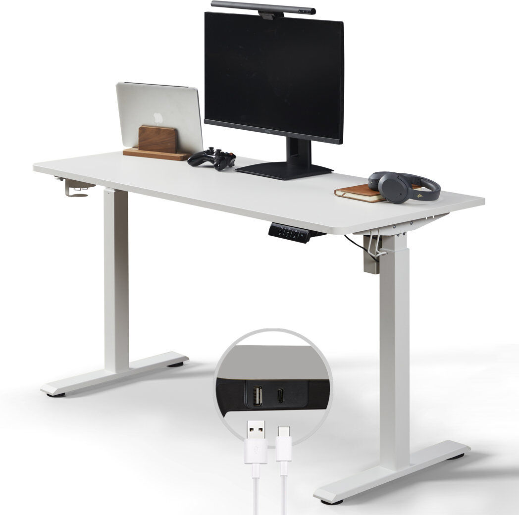 Inbox Zero Aario Height Adjustable Electric Standing Desk with USB C Charger & Non-Spliced Tabletop White/White 138cm W x 60cm D