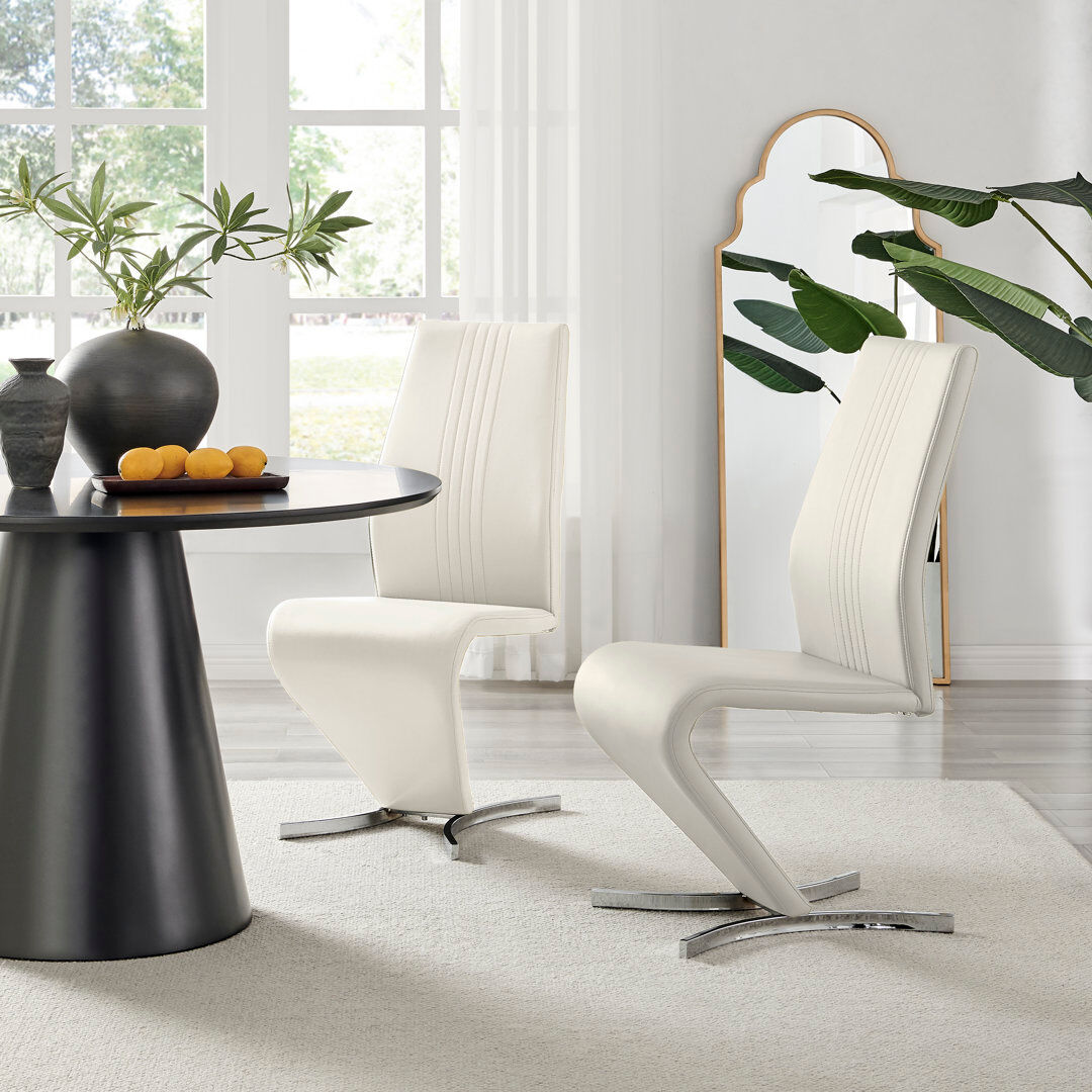 Canora Grey Faux Leather Chrome Legs Dining Chairs Z-Shaped Chrome Feet Modern Design White 99cm H X 44cm W X 58.5cm D