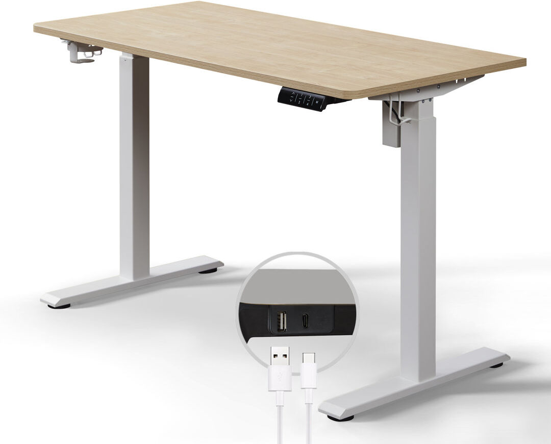 Inbox Zero Aario Height Adjustable Electric Standing Desk with USB C Charger & Non-Spliced Tabletop Oak/Grey 120cm W x 60cm D