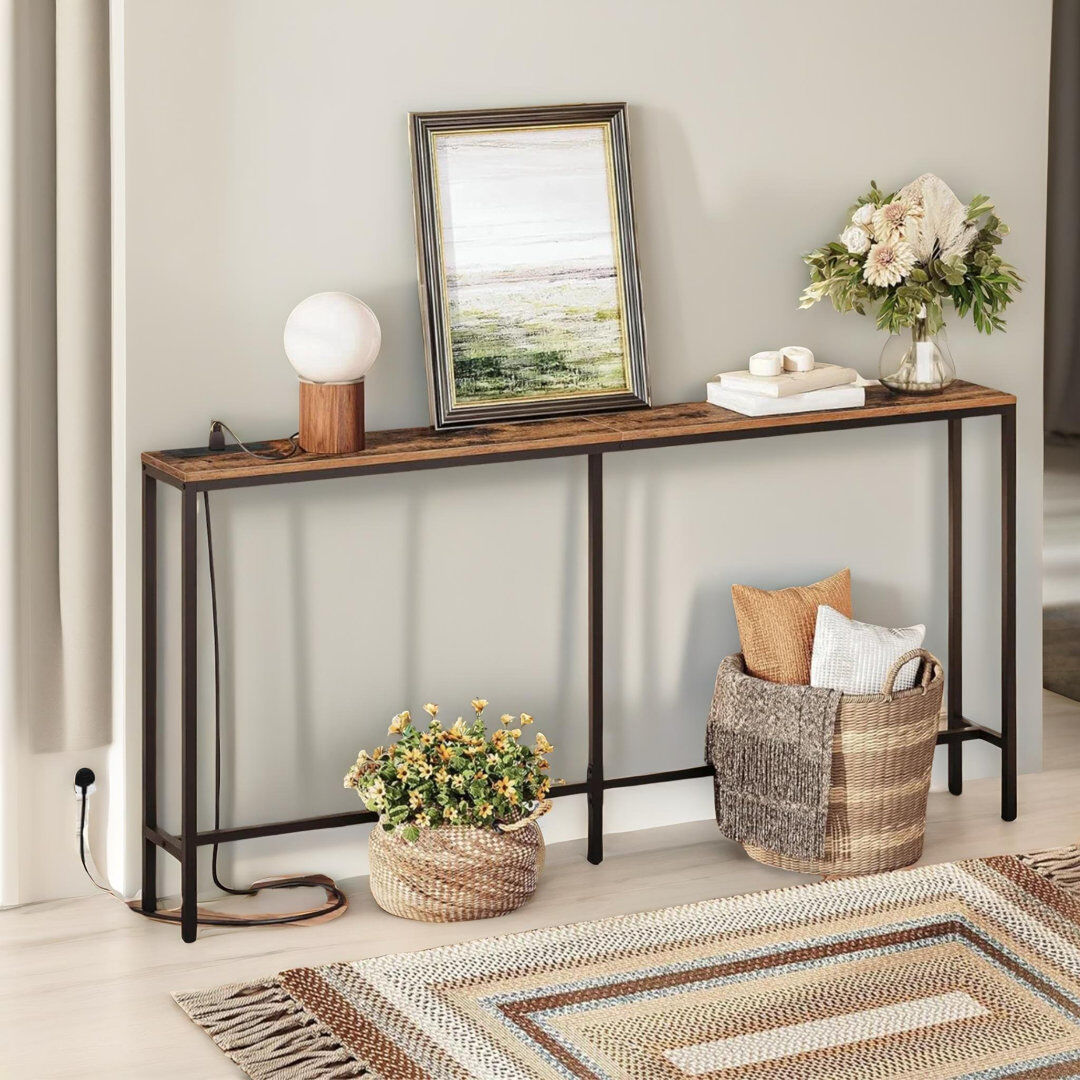 Latitude Run Aisen Rustic Console Table with Power Outlet Living Room Entryway Hallway Black;Brown