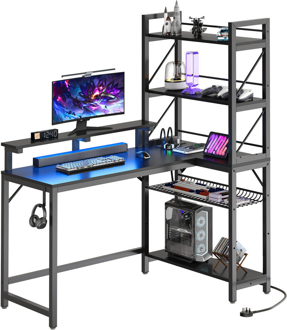 Borough Wharf L Shaped Gaming Desk With Power Outlets & Led Lights ,106cm Reversible Computer Desk With Storage Shelves Black 90.1cm H X 80cm W X 80cm D