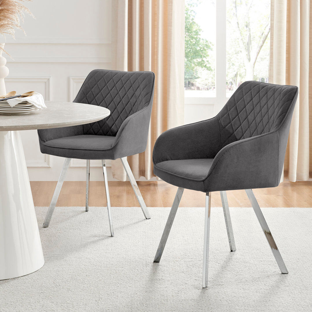 Canora Grey Eubanks Luxury Fabric Upholstered Dining Chair with Chrome Metal Legs - Modern Home Silver/Dark Grey 88cm H X 57.5cm W X 60cm D