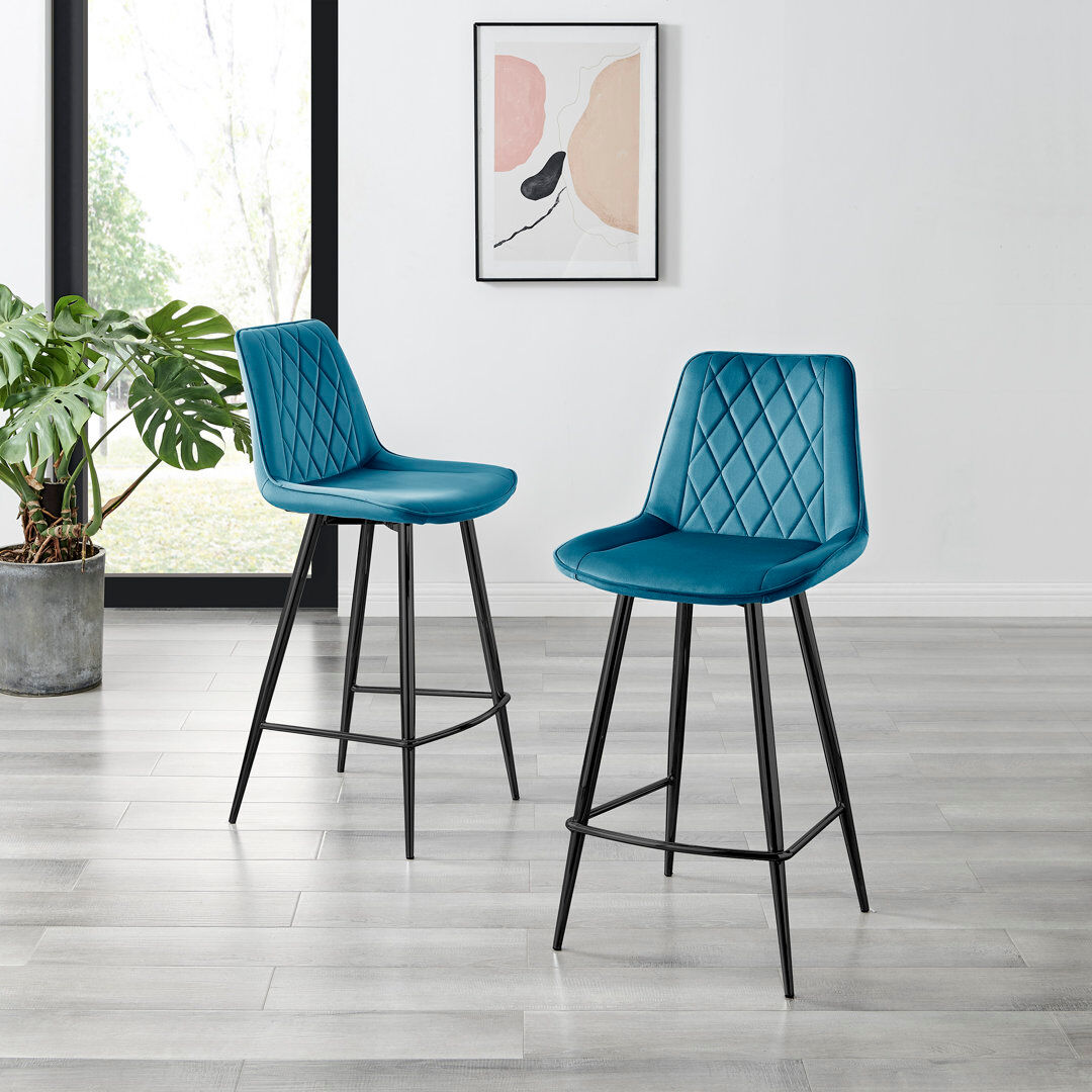 Canora Grey Palermo Velvet Modern Quilted Kitchen Breakfast Bar Stools - Upholstered Design Black/Blue 97cm H X 47cm W X 51cm D