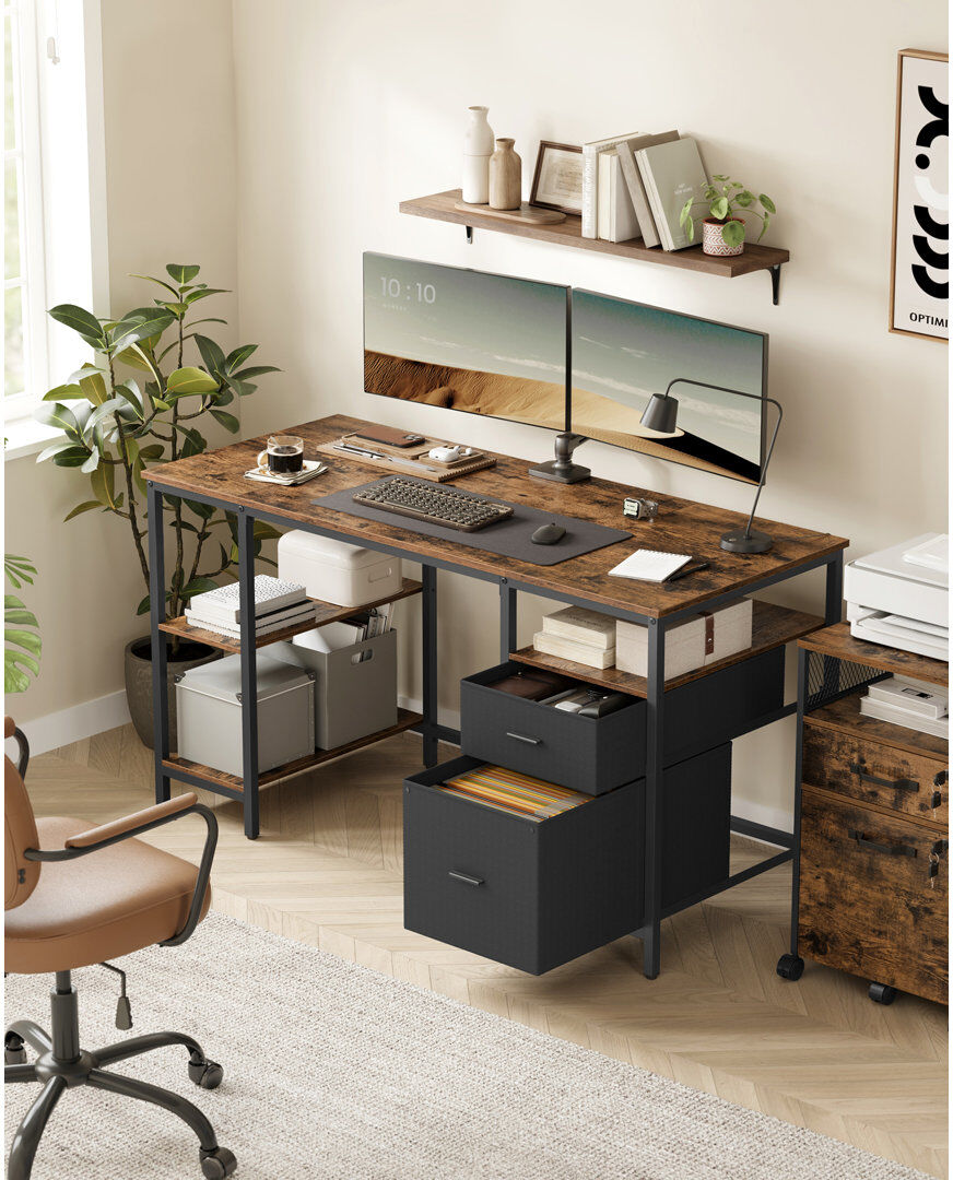 Borough Wharf Computer Desk, Office Desk, Writing Desk With 3 Shelves, 2 Drawers, 60 X 140 X 76 Cm, For Home Office, Living Room, Industrial Style Rustic Brown/Black 76cm H X 140cm W X 60cm D