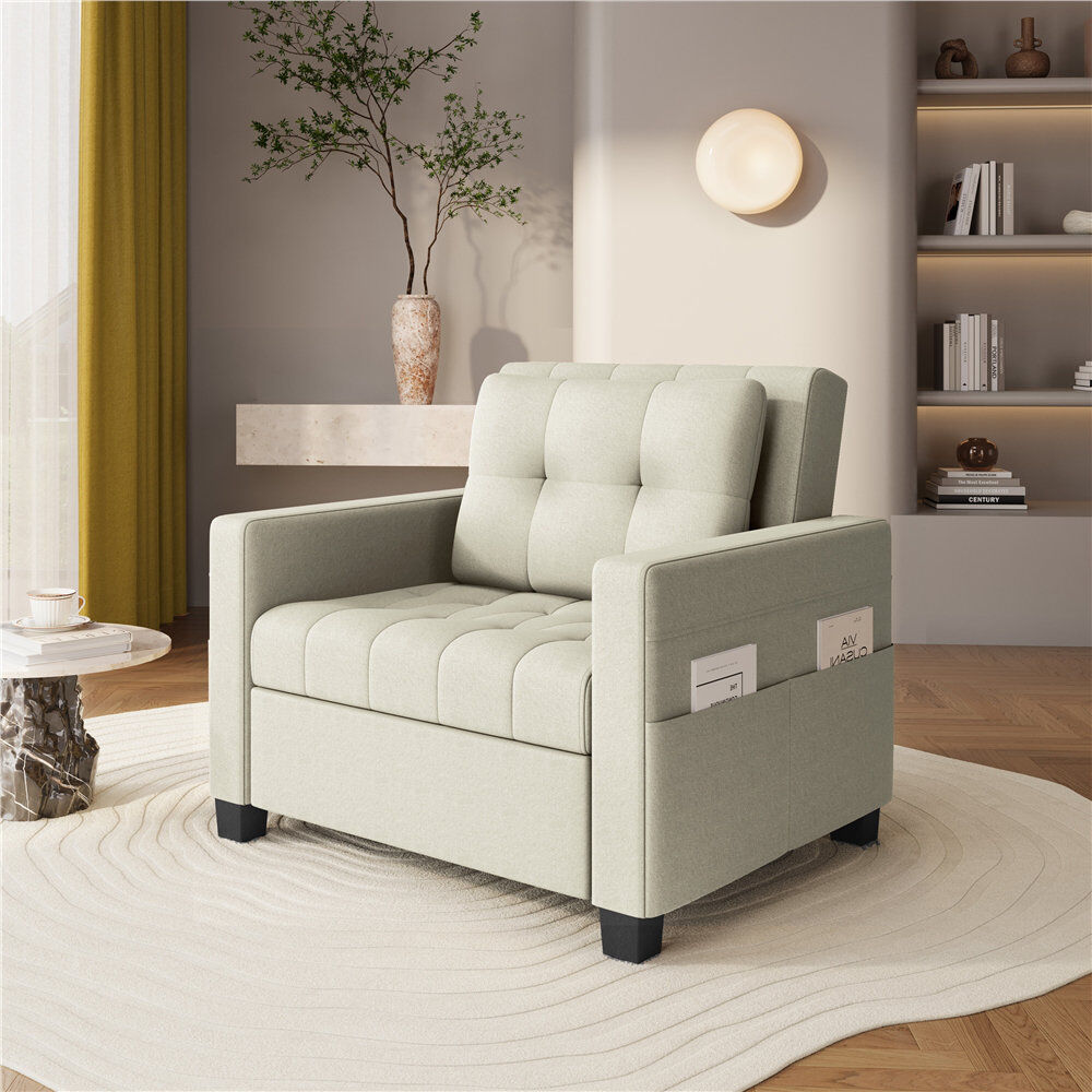 Yaheetech 3-in-1 Convertible Sleeper Accent Chair Bed with Adjustable Backrest & Back Pillow Beige 90cm H X 91.5cm W X 92.5cm D