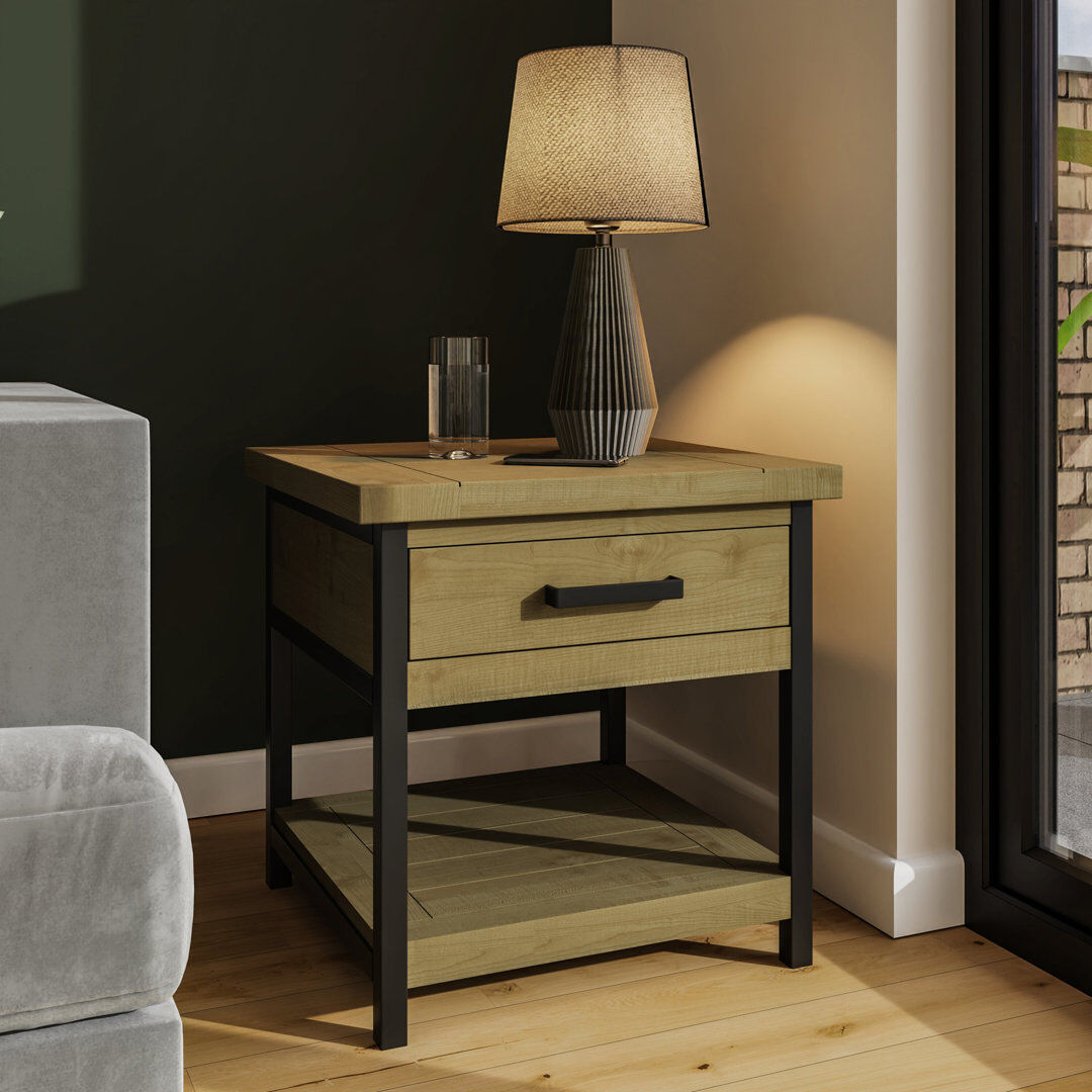 Borough Wharf San Diego 1 Drawer Side End Lamp Table With Open Shelf. Solid Wood. Metal Frame Brown 60cm H X 60cm W X 55cm D