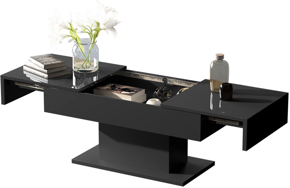 Metro Budwin Modern LED Center Coffee Table Sliding Top with Storage for Living Room High Glossy Black 49cm H X 108cm W X 53cm D