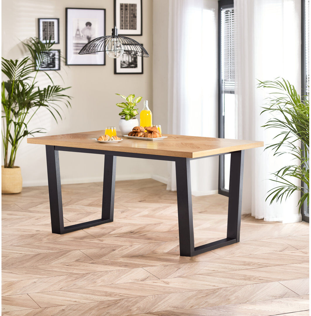 Ebern Designs Mercee Parquet Herringbone Veneer Dining Table - Chevron Top Traditional Rustic Farmhouse Kitchen Style Oak Tone Rubberwood
