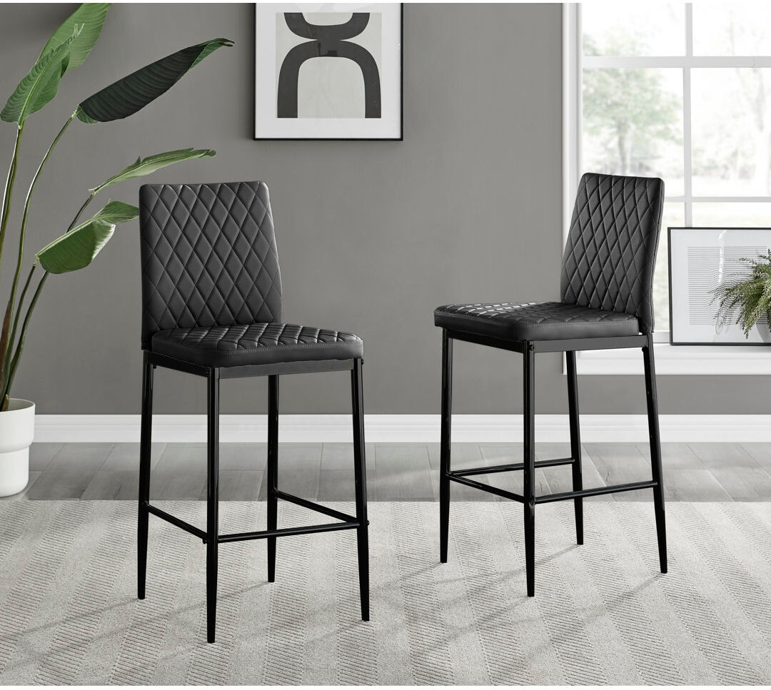 Furniture Box Milton Luxury Breakfast Bar Stool in Quilted Design Faux Leather - Modern Chic Kitchen Black/Black 97cm H X 40cm W X 50cm D