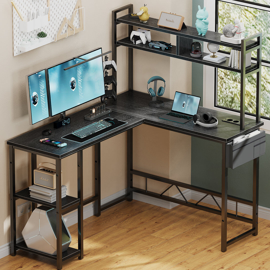 Inbox Zero Grabill 140cm Computer Desk L-shaped Office Desk With Bookshelf Led Light Gaming Desk Black/Black 142.5cm H X 140cm W X 50cm D