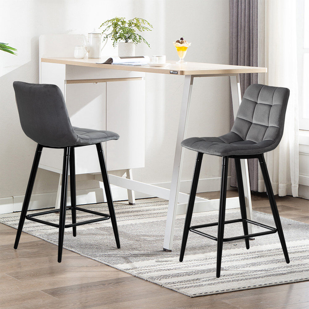 Canora Grey Set Of 2 High Barstools With Grey Velvet Covered Backrest And Metal Footrest,Seat High 65Cm Grey 94cm H X 43cm W X 33cm D;94cm H X 43cm W X 33cm D