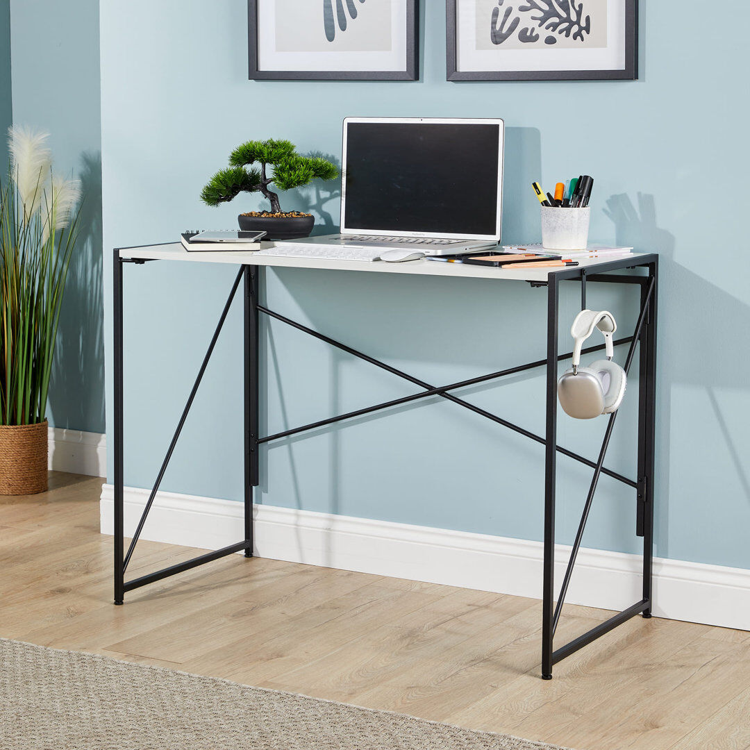 Borough Wharf Brampton Folding Compact Desk Storage Hook Wood and Metal Home Office Workstation White 75cm H X 100cm W X 50cm D