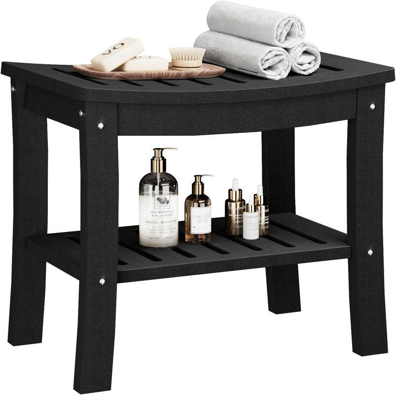 Ebern Designs HDPE Shower Bench with Storage Shelf,Waterproof Shower Seat Stool Chair for Bathroom Bathtub,Non-Slip Spa Stool Black 45cm H X 52cm W X 35cm D