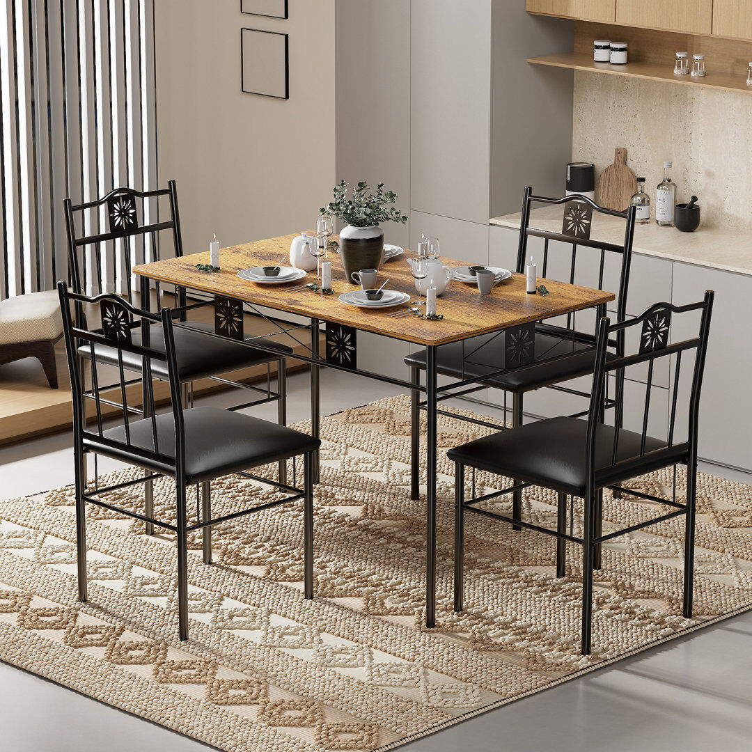 Rio 5 Piece Dining Table Set for 4, Kitchen Table with 4 Upholstered Chairs, Space-Saving Dining Room Furniture Table and Chair Sets Brown 4