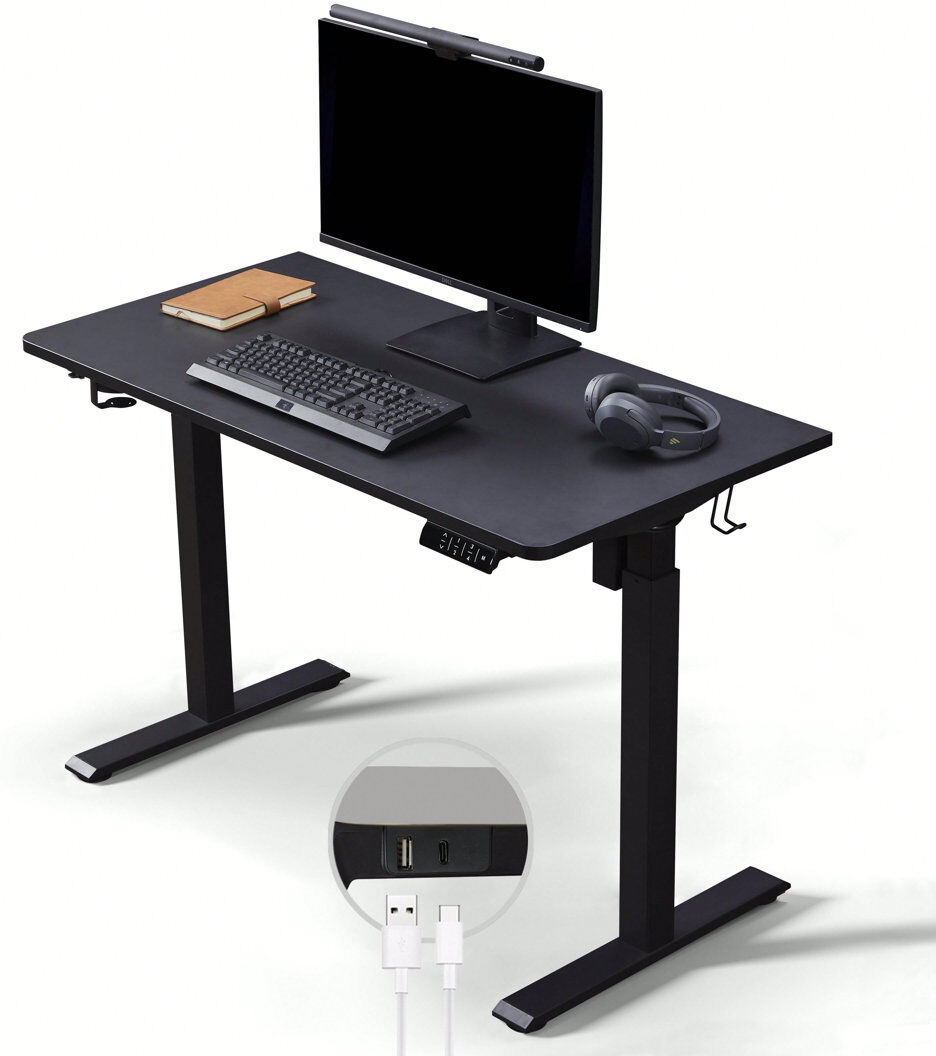 Inbox Zero Aario Height Adjustable Electric Standing Desk with USB C Charger & Non-Spliced Tabletop Black/Black 140cm W x 60cm D
