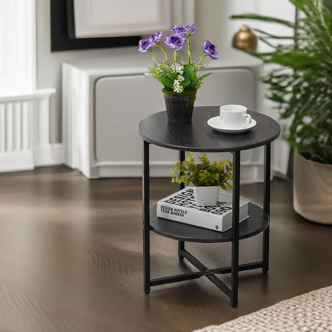 Borough Wharf Arbania 2 Tier Rustic Round Coffee Table for Living Room with Shelves End Sofa Tables Black 47cm H X 40cm W X 40cm D